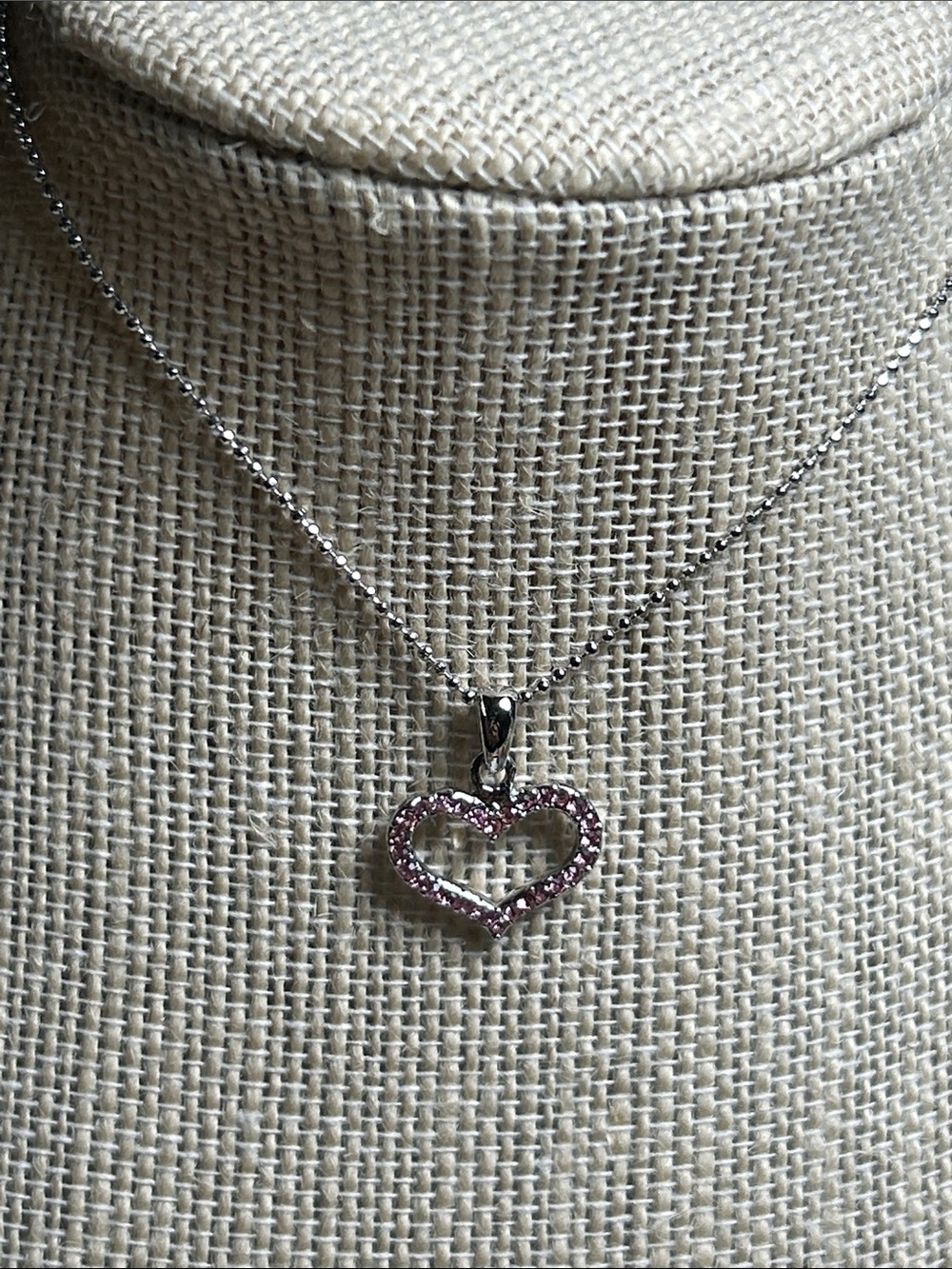 Silver Heart Pendant Necklace with Pink Stones